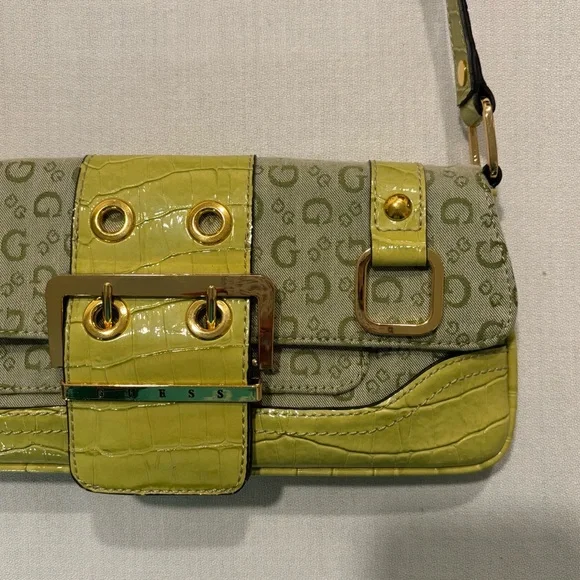 Vintage GUESS Y2K Green Shoulder Bag Monogram Brass Buckle Purse Croc Pattern - Picture 3 of 16